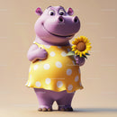 Cute Cartoon Hippo Holding Sunflower in Yellow Dress for Kids Illustration