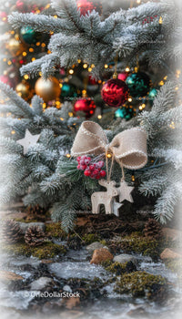 Frosted Christmas tree with rustic holiday decorations