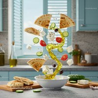 Mediterranean salad ingredients floating in kitchen scene