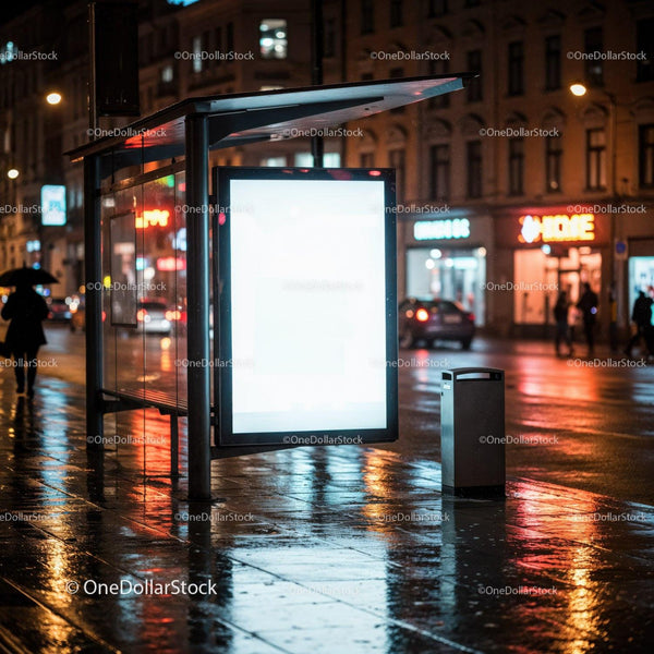Night City Bus Stop with Illuminated Billboard and Rainy Streets JPG Mockup Image