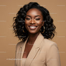 Elegant Smiling Woman with Curly Hair in Beige Blazer Portrait