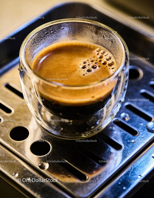 Espresso shot fresh brewed in clear glass cup