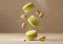 Floating pistachio macarons with powdered sugar sprinkle