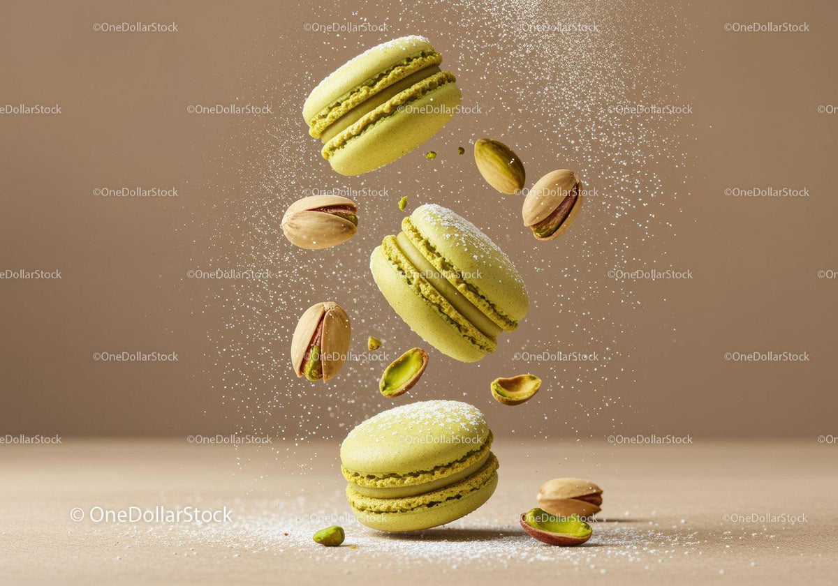 Floating pistachio macarons with powdered sugar sprinkle
