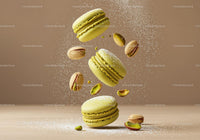 Floating pistachio macarons with powdered sugar sprinkle