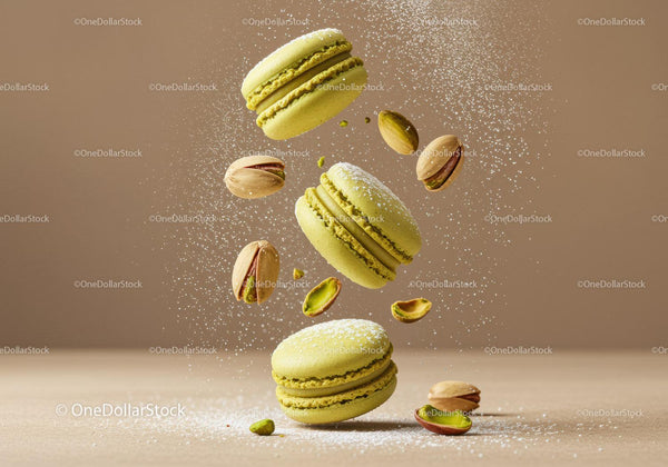 Floating pistachio macarons with powdered sugar sprinkle