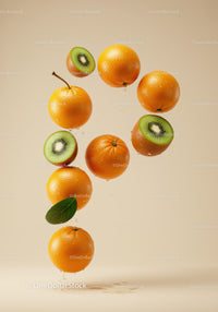 Fresh oranges and kiwis suspended in air with water droplets