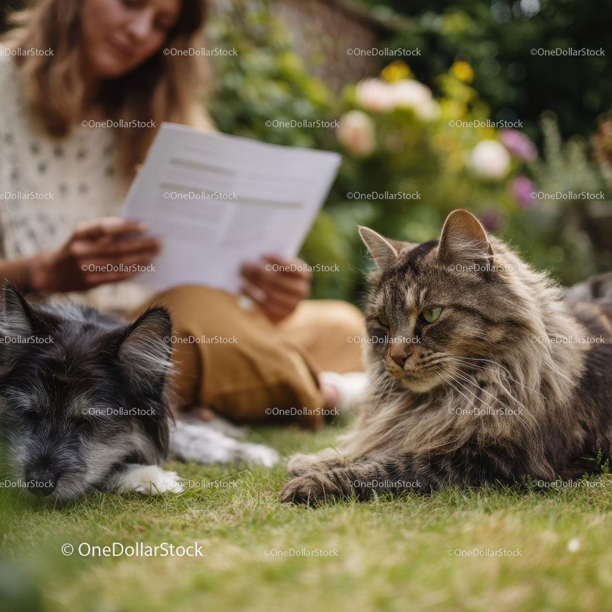 Woman Reading Outdoors with Her Dog and Cat Relaxing
