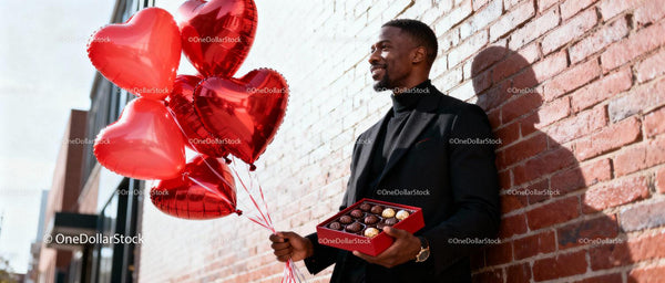 Man Holding Heart Balloons and Chocolates on Valentines Day