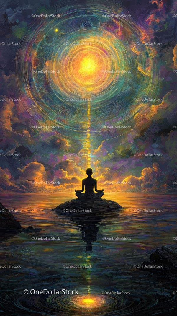 Meditating Person with Surreal Cosmic Energy and Vibrant Sky