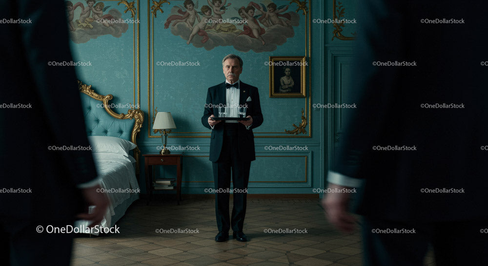 Elegant Waiter in a Luxurious Vintage Setting Serving Drinks