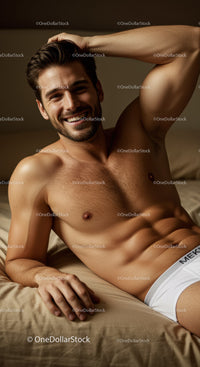 Smiling young man relaxing shirtless on bed