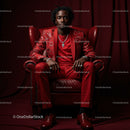 Confident Man in a Bold Red Suit Sitting Elegantly