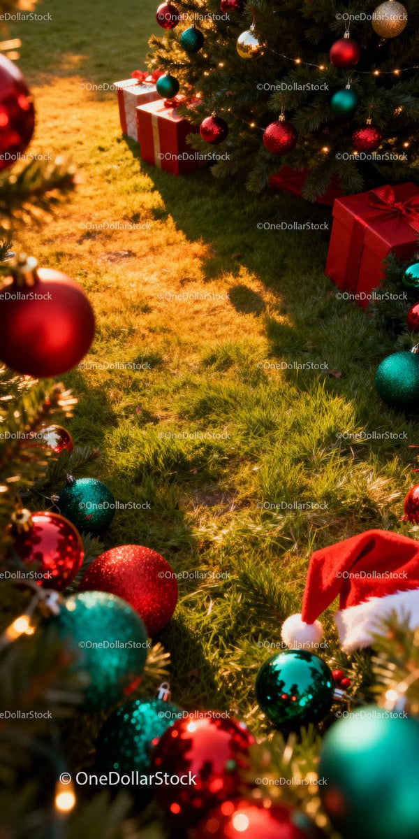Warm Christmas decorations with gifts and ornaments outdoors