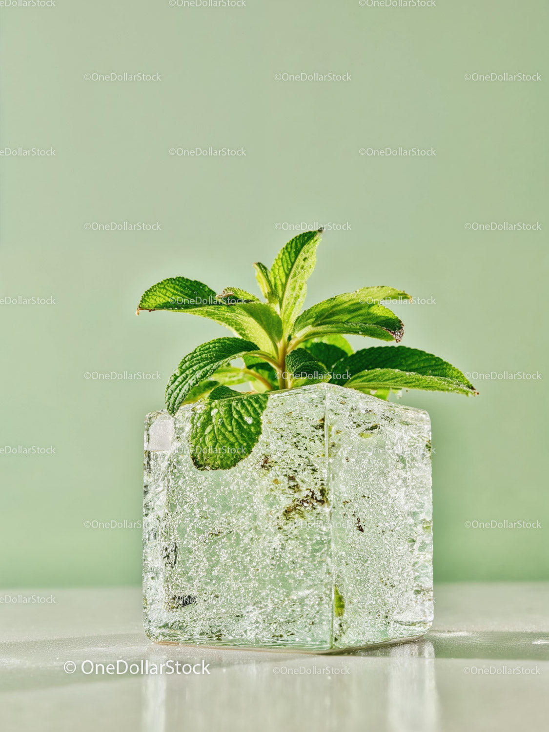 Fresh Mint Leaves Growing from Crystal Clear Ice Cube