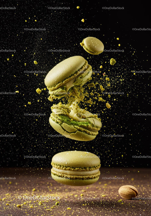 Exploding Green Pistachio Macarons in Mid Air