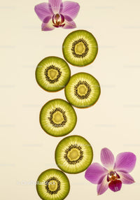 Fresh kiwi slices with delicate purple orchids on light