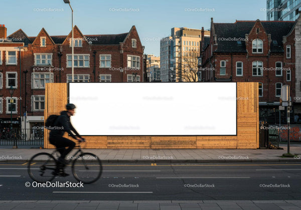 Cyclist passing by large urban blank billboard in daylight JPG Mockup Image