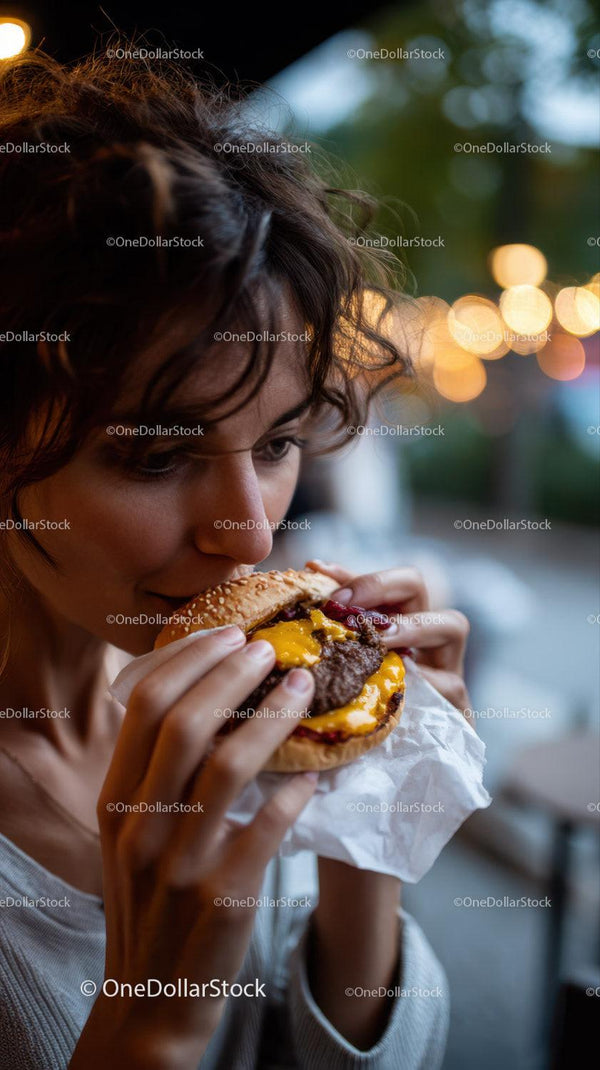 Kobieta delektująca się cheeseburgerem na zewnątrz nocą