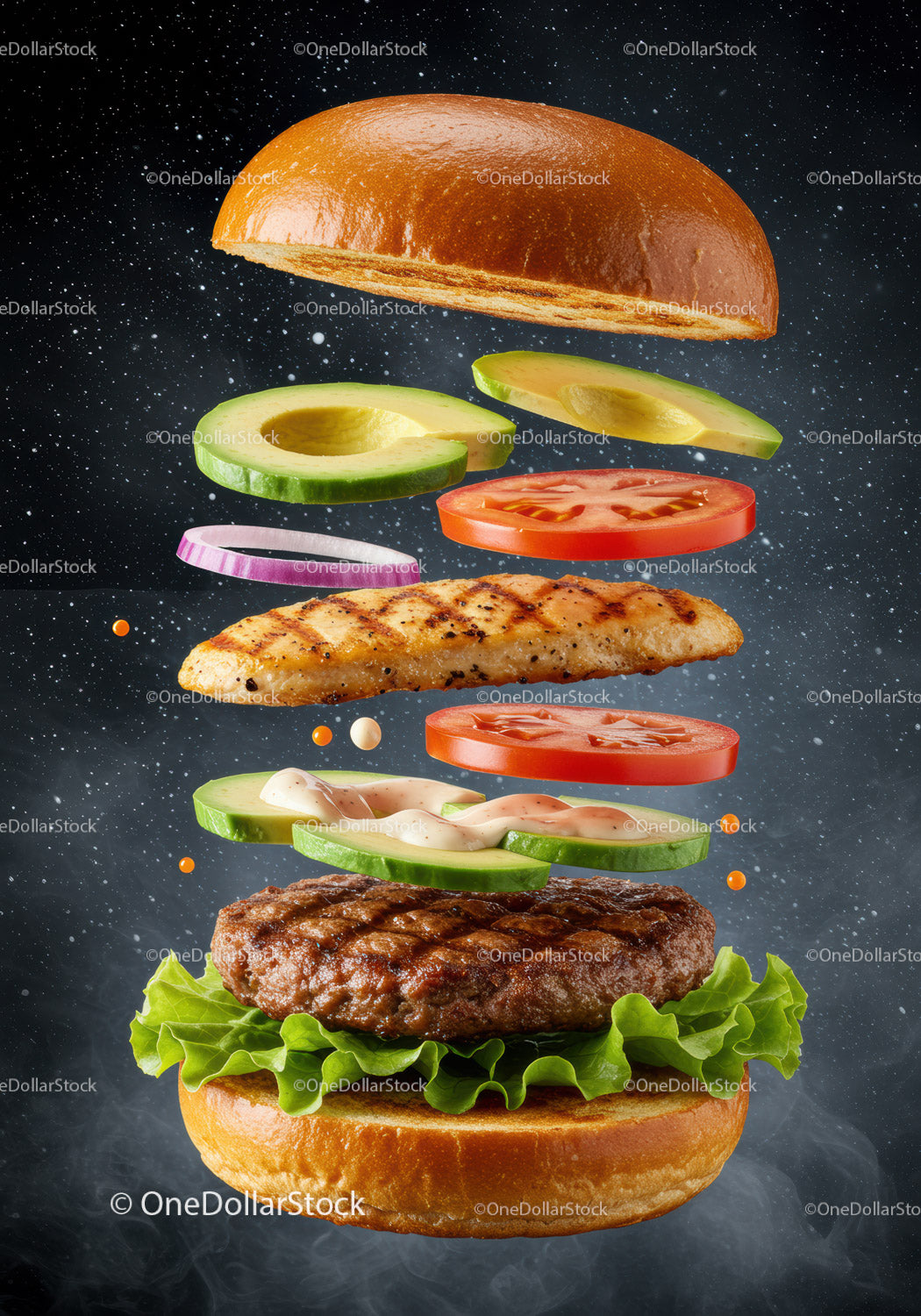 Deconstructed grilled chicken burger with fresh toppings