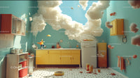 Playful Surreal Kitchen Scene with Exploding Clouds and Flying Objects