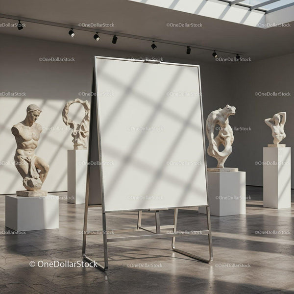 Blank easel in modern gallery with classical sculptures JPG Mockup Image