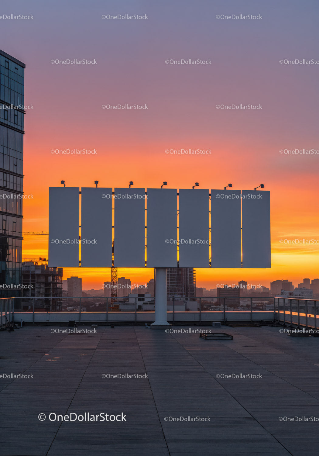 Modern Rooftop Terrace with City Skyline and Stunning Sunset