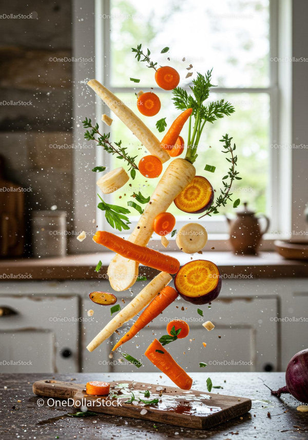 Fresh root vegetables and herbs levitating over cutting board