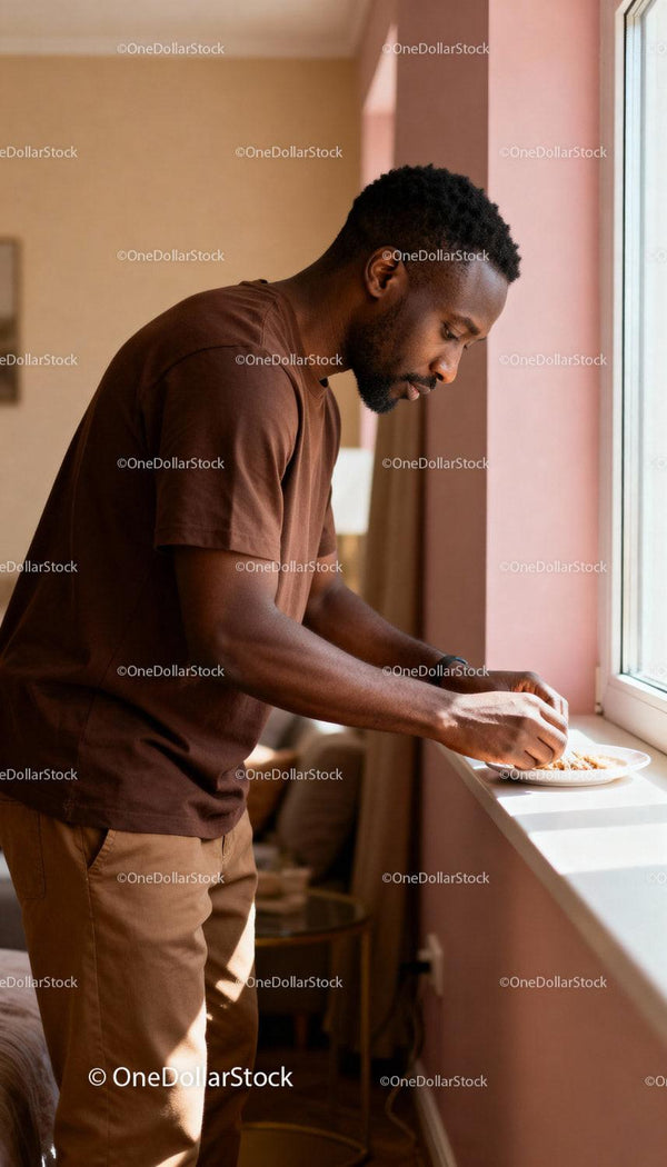 Focused man preparing food near window in cozy room