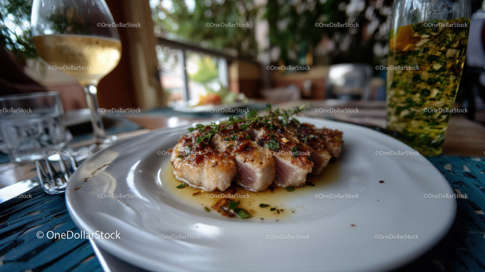 Gourmet Seared Pork Steak with Herbed Garnish on White Plate