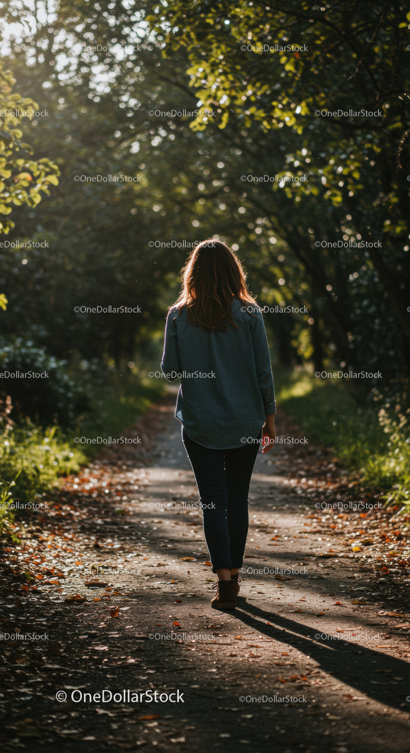 Woman walking alone on leafy forest path in sunlight