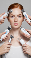 Young Woman Receiving Facial Treatment with Multiple Skincare Devices