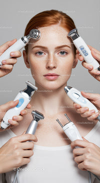Young Woman Receiving Facial Treatment with Multiple Skincare Devices