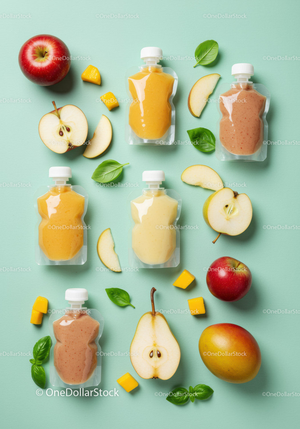 Fresh fruit purees in pouches with apple mango and pear