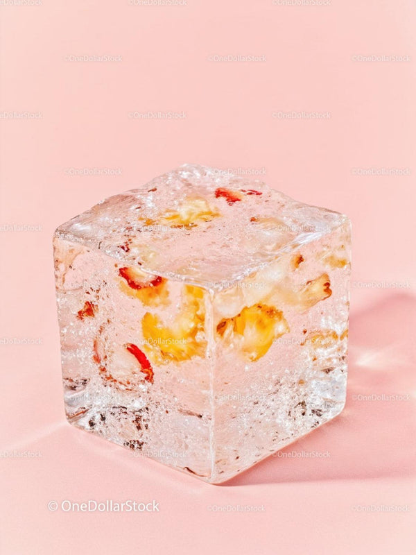 Close-up of Clear Ice Cube with Fruit Pieces Inside