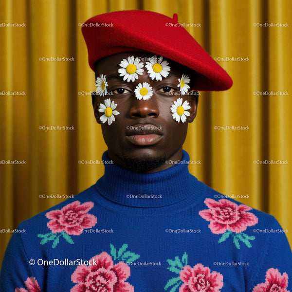 Man in red beret with daisies on face and floral sweater