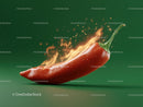 Burning Red Chili Pepper with Flames on Green Background