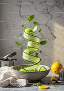 Fresh cucumber ribbons with mint leaves and lemon