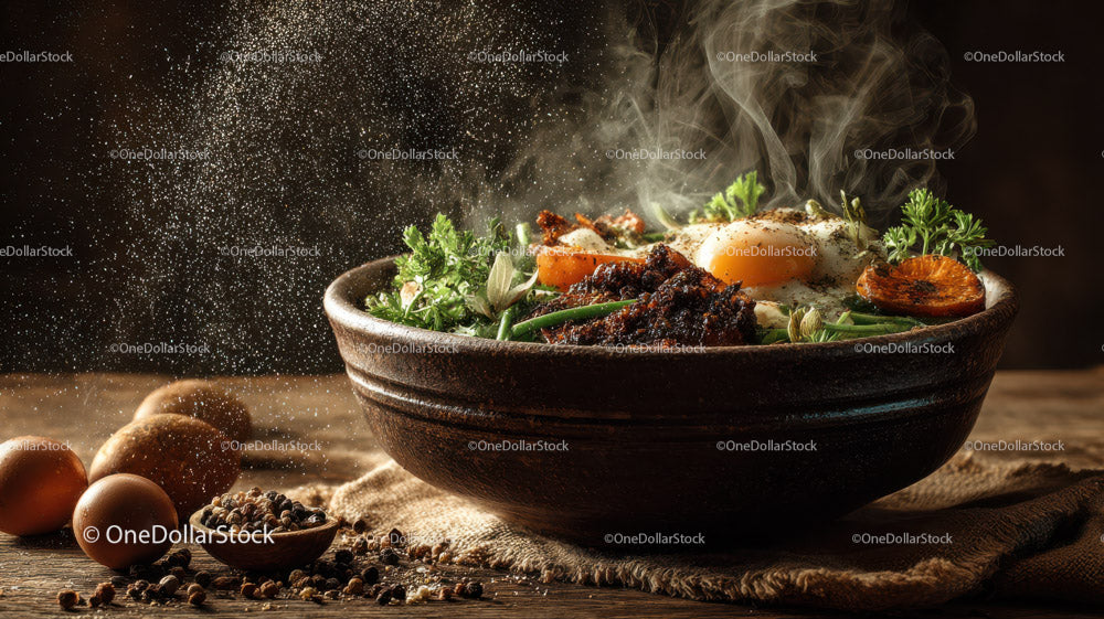 Sizzling Bowl of Fresh Herbs and Eggs with Rustic Touch