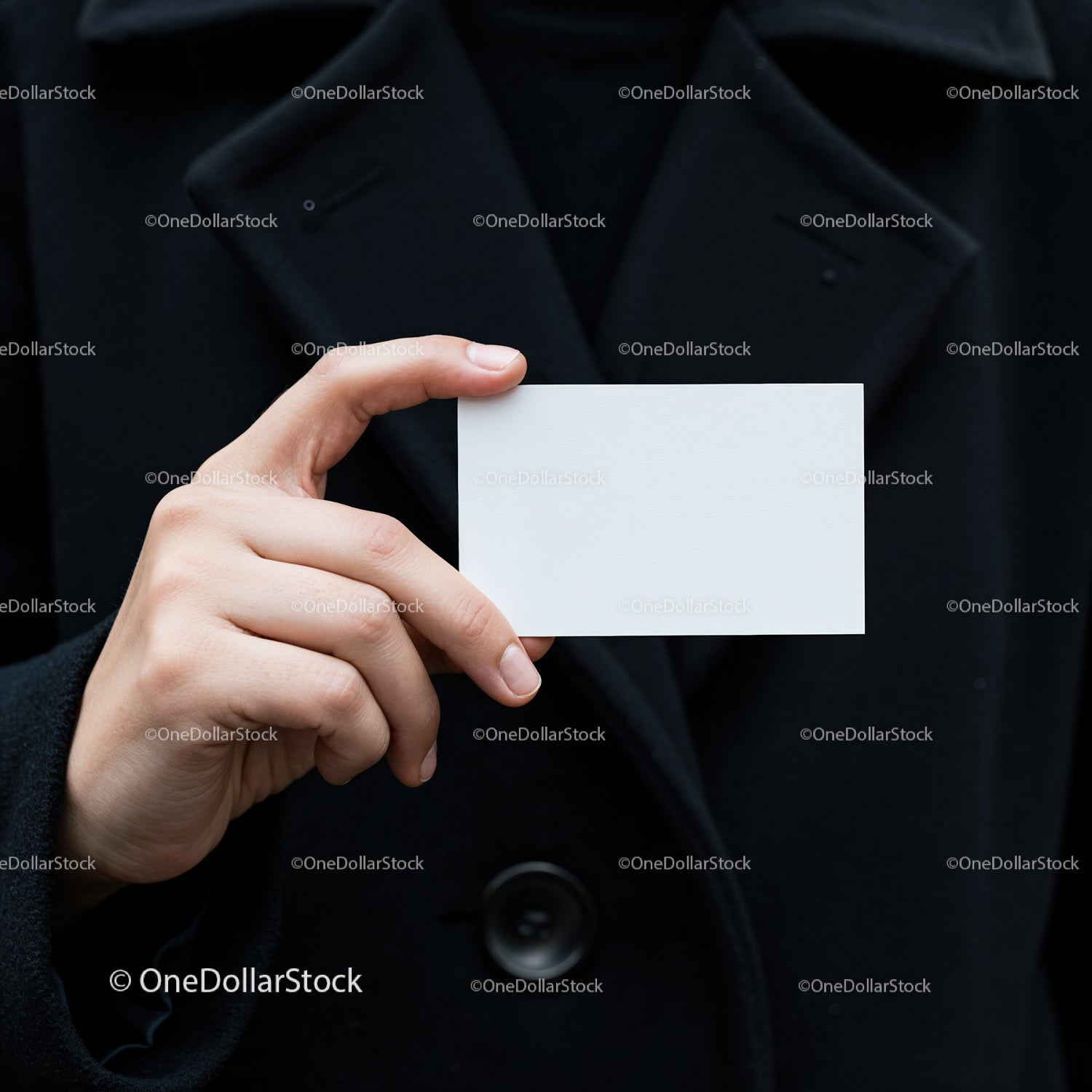 Person Holding Blank Business Card Against Black Coat