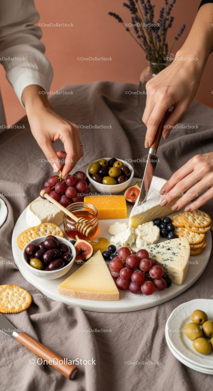 Cheese and Fruit Platter with Figs Grapes Honey and Crackers
