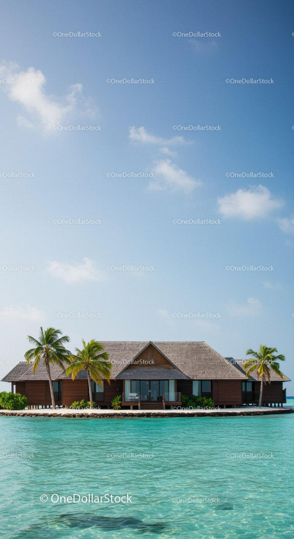Tropical Overwater Bungalow with Palm Trees and Clear Blue Ocean