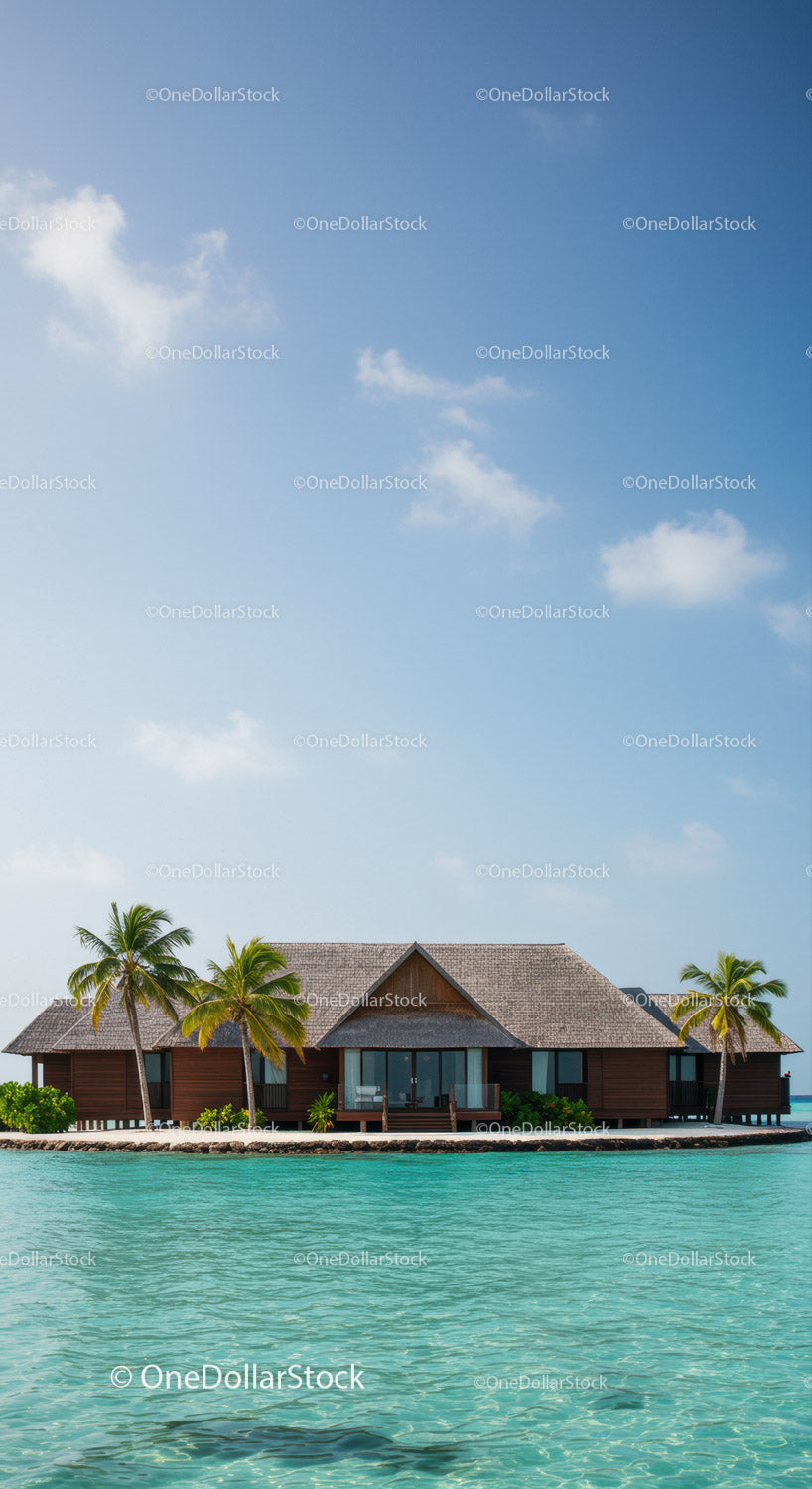 Tropikalny bungalow na wodzie z palmami i czystym, błękitnym oceanem