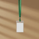 Blank ID Badge with Green Lanyard on Beige Background