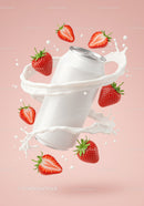 Refreshing strawberry drink can with milk splash