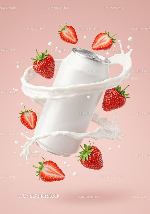 Refreshing strawberry drink can with milk splash JPG Mockup Image