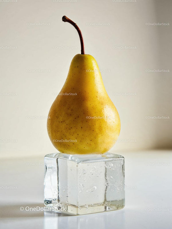 Fresh yellow pear balanced on large melting ice cube