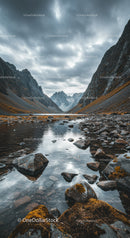 Rocky Mountain Valley with Reflective Water and Overcast Sky