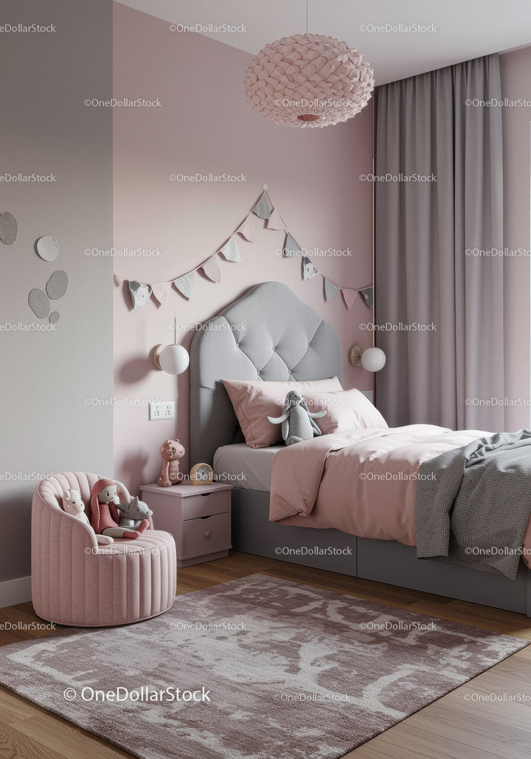 Modern Pink and Gray Children's Bedroom with Plush Toys and Bunting