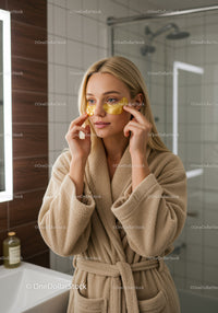 Young Woman Relaxing with Eye Patches in Modern Bathroom